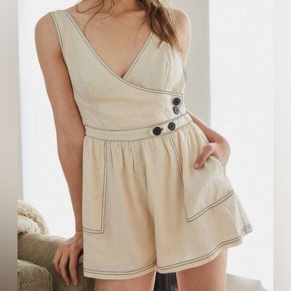 Urban Outfitters Pants - Urban Outfitters Cream Navy Nautical Sailor Anita Button Wrap Romper Seaside- SM